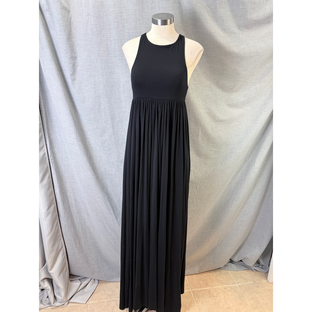 Rachel Pally Black Jersey Racerback Maxi Dress High Neck Pleated Skirt S